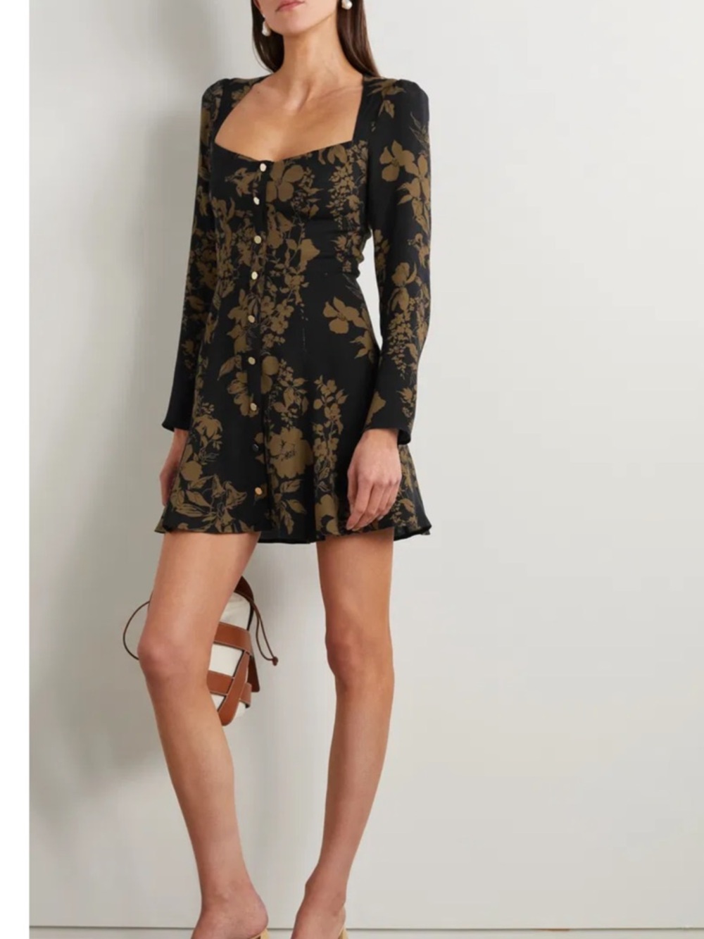 Reformation Black Mini Dress with Olive Floral Print